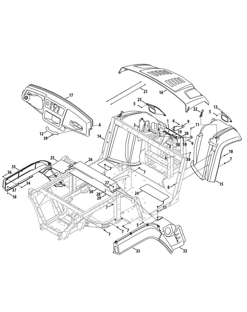 Fenders And Dash Diagram and Parts List for 465 4X4-EFI-1I029Z-1H020Z-37BMD710 Cub Cadet Lawn Tractor Accessories